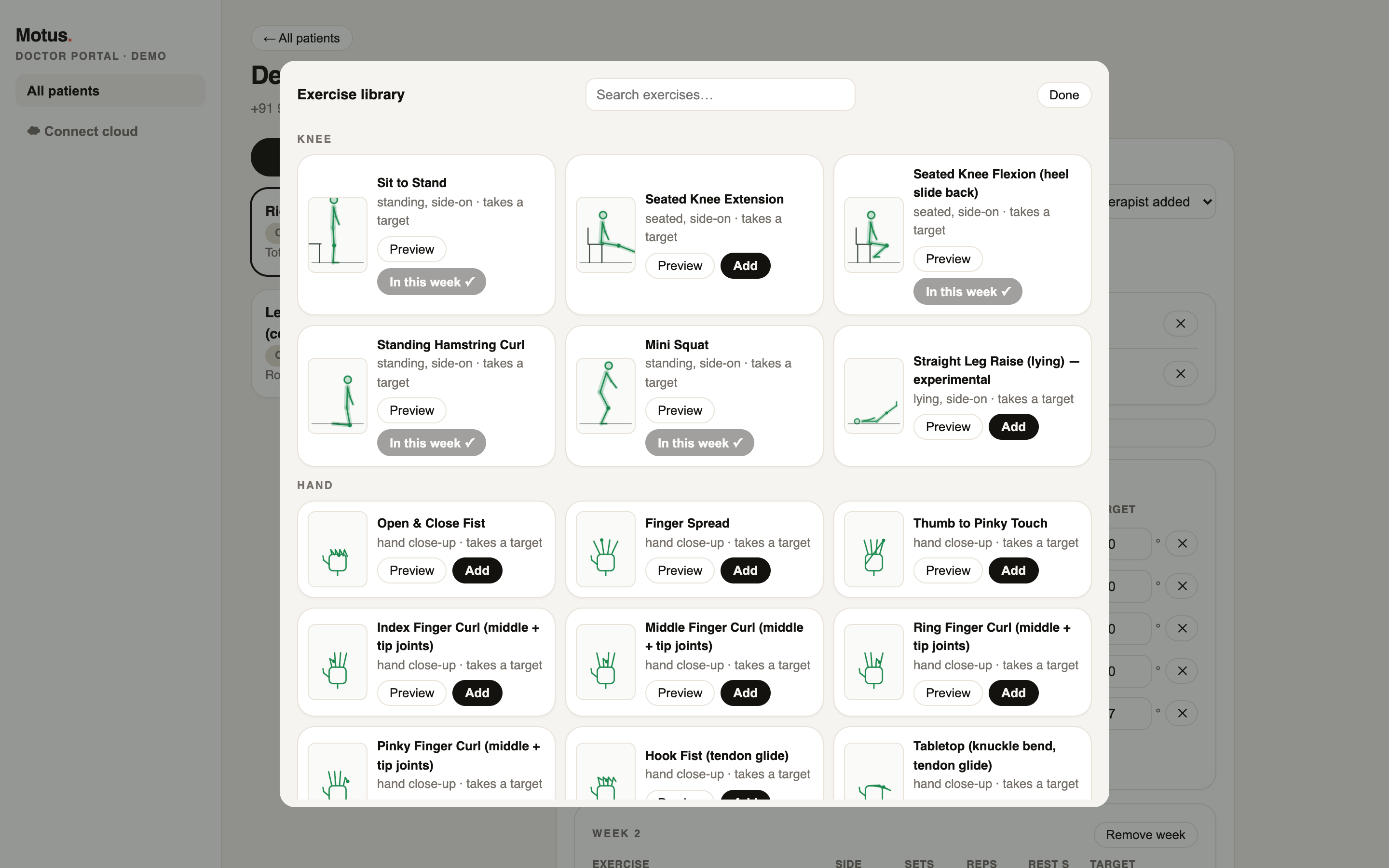 The exercise library: grouped, searchable, with guide thumbnails and previews