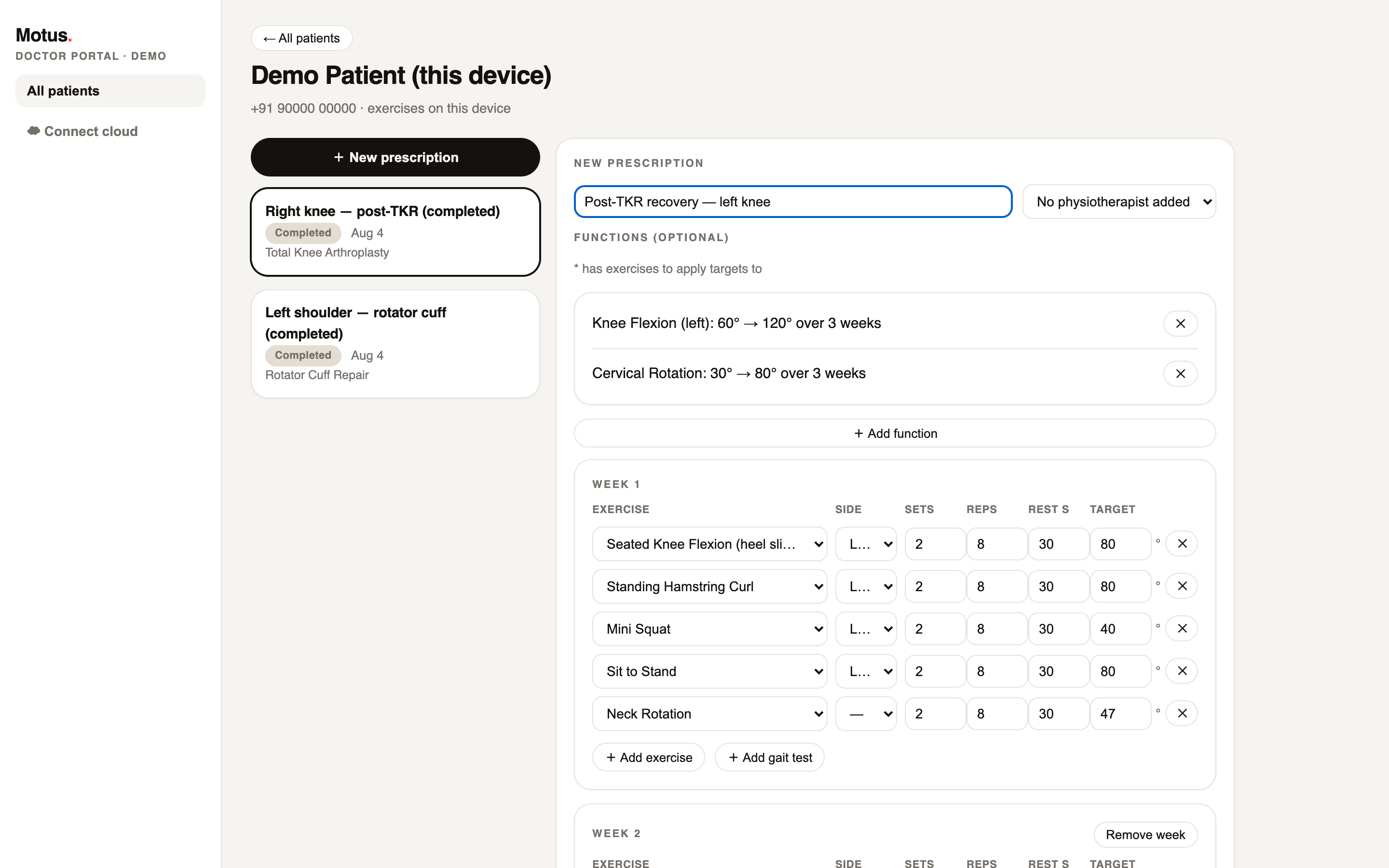 The prescription builder: functions with baseline-to-target ramps and per-week exercise targets