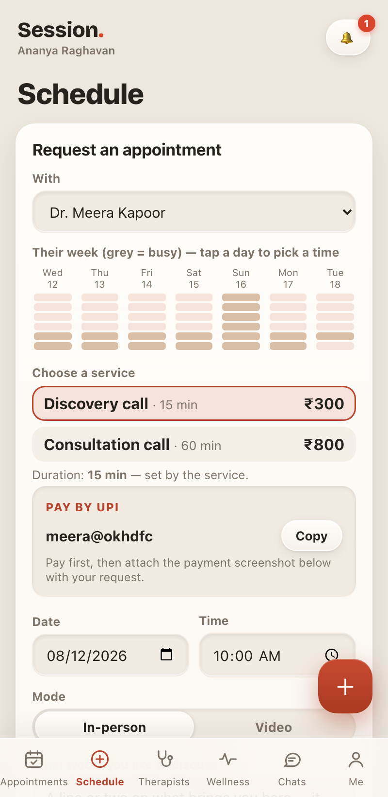 A client booking a slot with rates and UPI payment