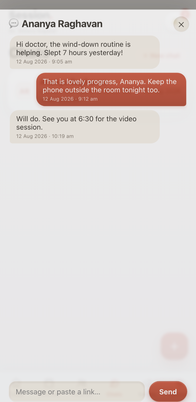 In-app chat between therapist and client