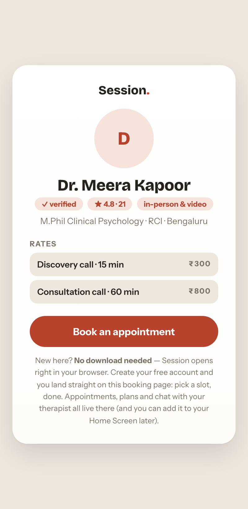 A therapist's public discovery link with rates and booking