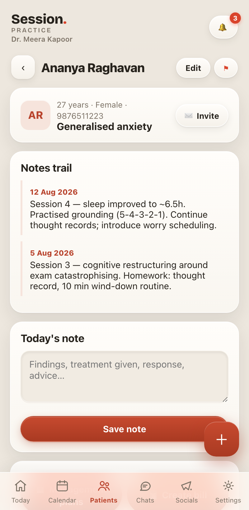 A client's notes trail in Session