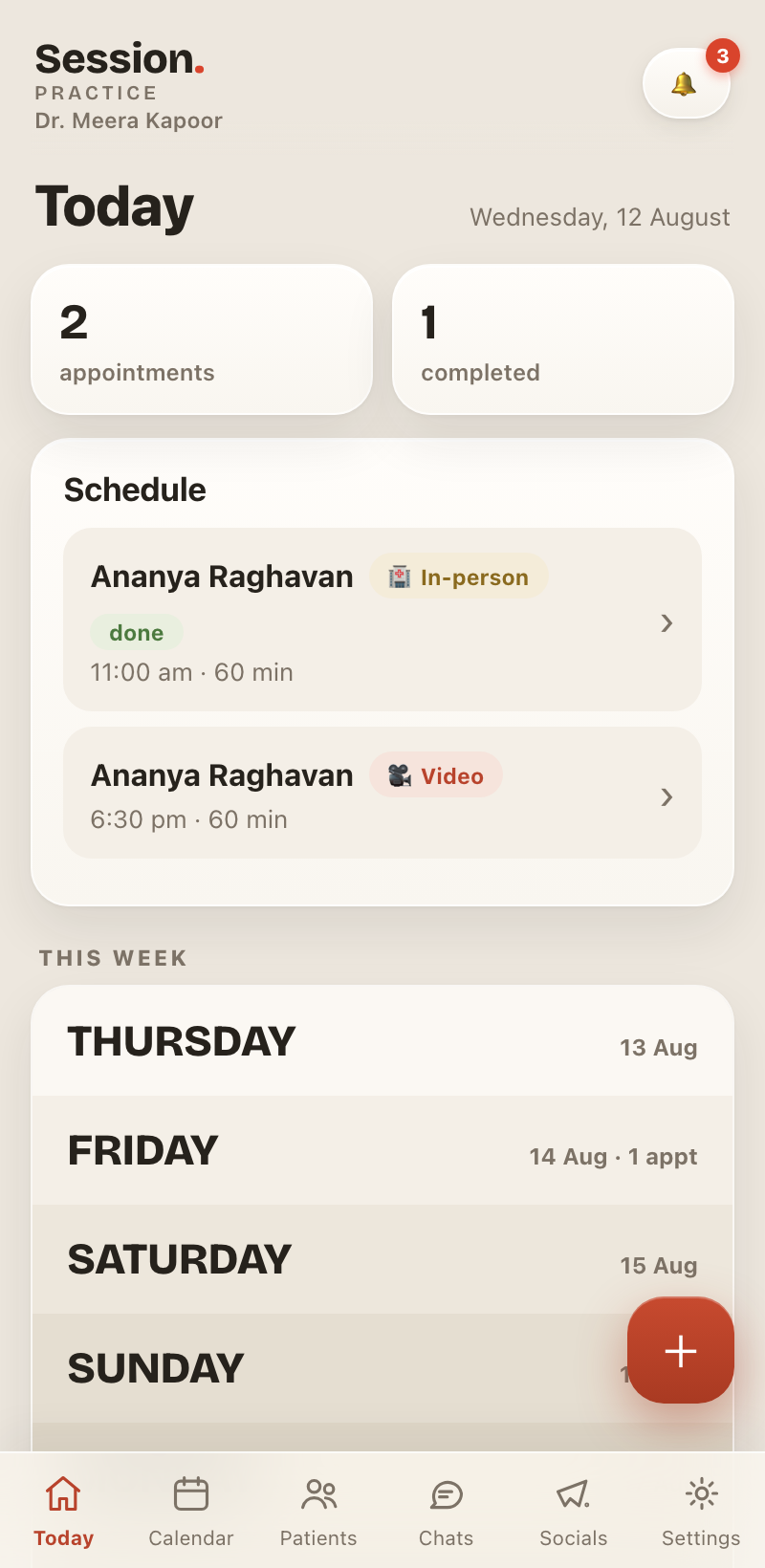 Session's Today dashboard with the day's appointments and the week ahead